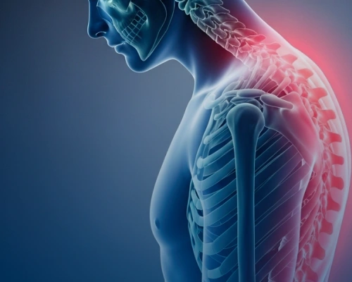 Visual of myoskeletal graphic with red light on the spine
